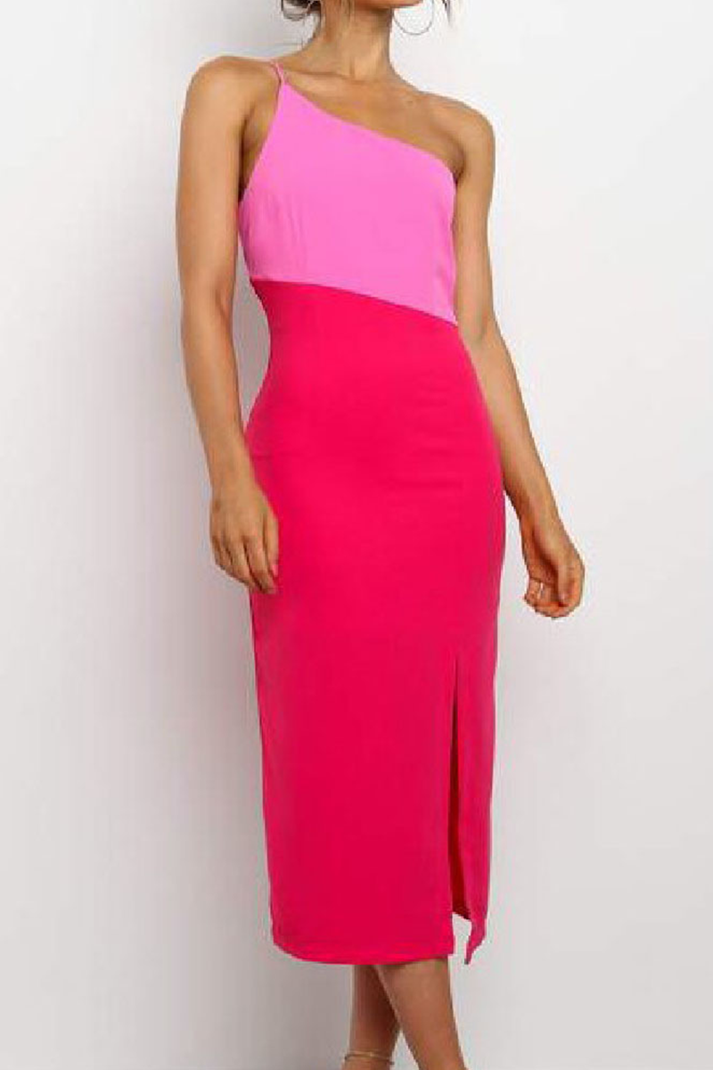 Elegant Patchwork Slit Contrast Oblique Collar Pencil Skirt Dresses - Fashionpara