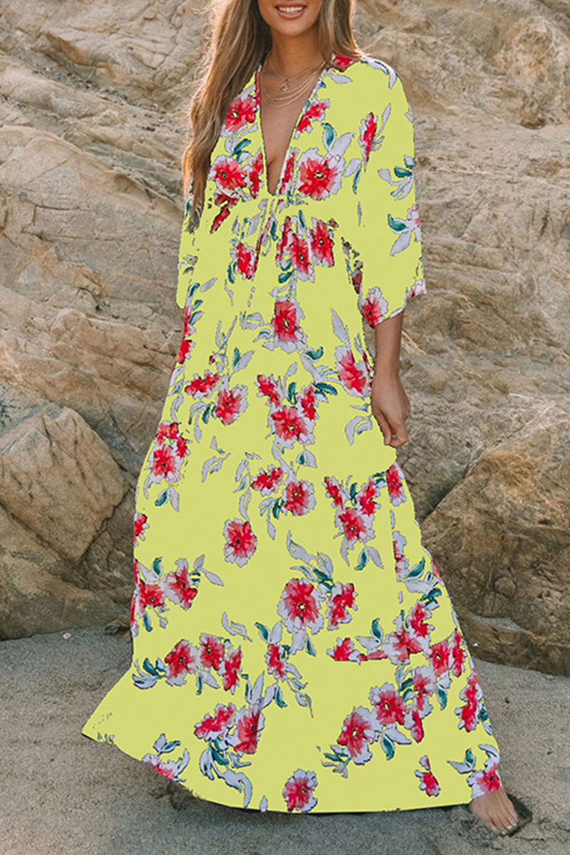 Fashion Elegant Floral Split Joint Frenulum V Neck A Line Dresses - Fashionpara