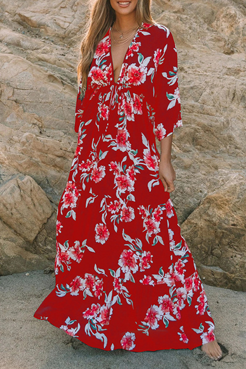 Fashion Elegant Floral Split Joint Frenulum V Neck A Line Dresses - Fashionpara