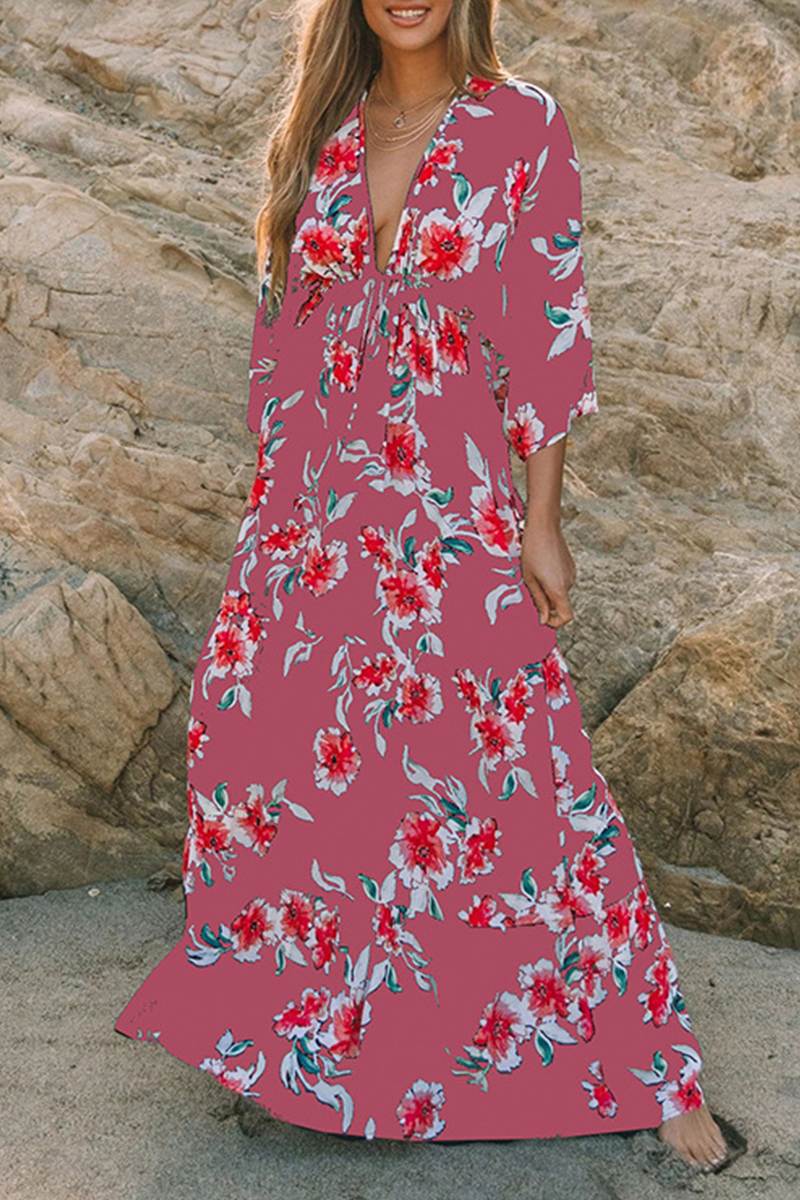 Fashion Elegant Floral Split Joint Frenulum V Neck A Line Dresses - Fashionpara