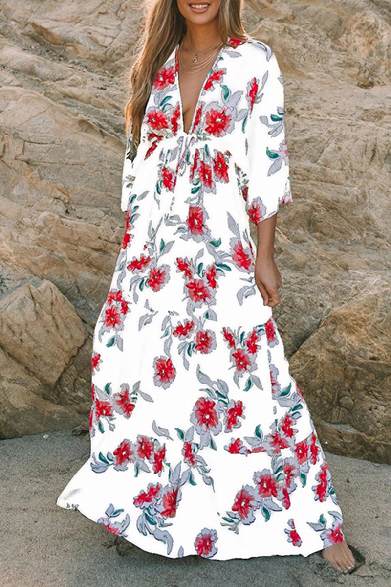 Fashion Elegant Floral Split Joint Frenulum V Neck A Line Dresses - Fashionpara