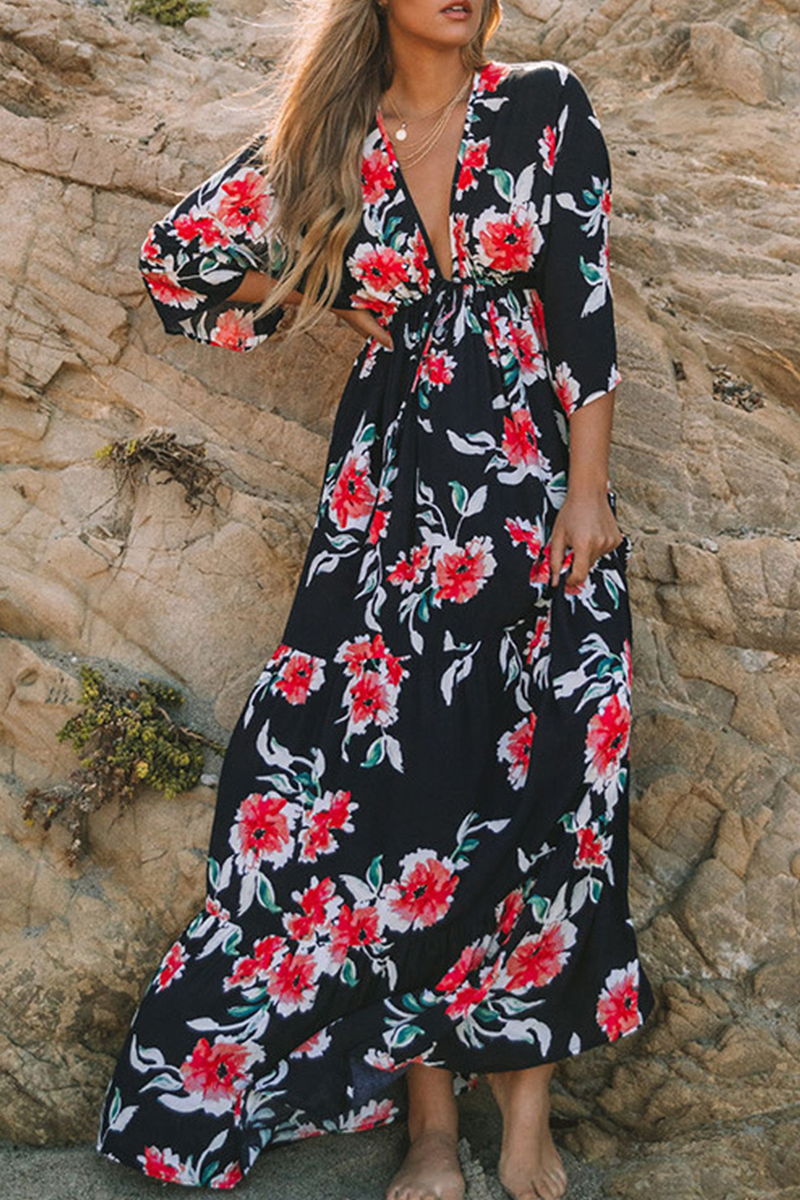 Fashion Elegant Floral Split Joint Frenulum V Neck A Line Dresses - Fashionpara