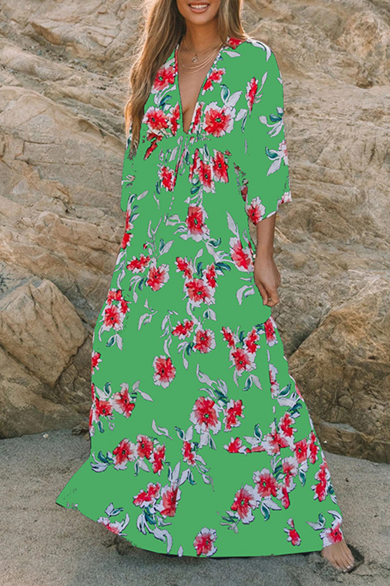 Fashion Elegant Floral Split Joint Frenulum V Neck A Line Dresses - Fashionpara