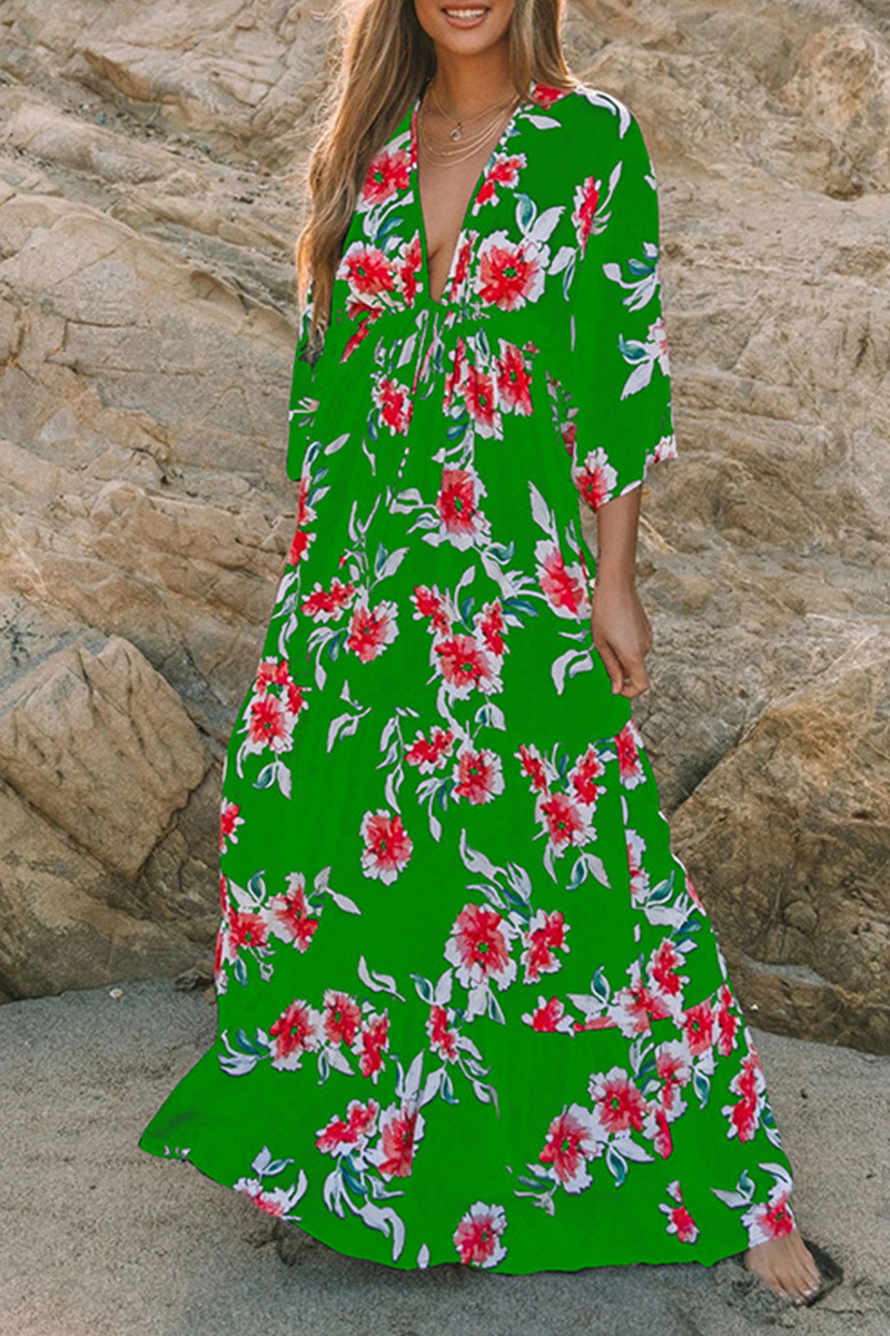 Fashion Elegant Floral Split Joint Frenulum V Neck A Line Dresses - Fashionpara