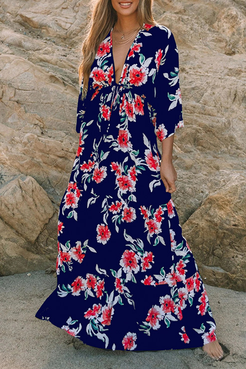 Fashion Elegant Floral Split Joint Frenulum V Neck A Line Dresses - Fashionpara