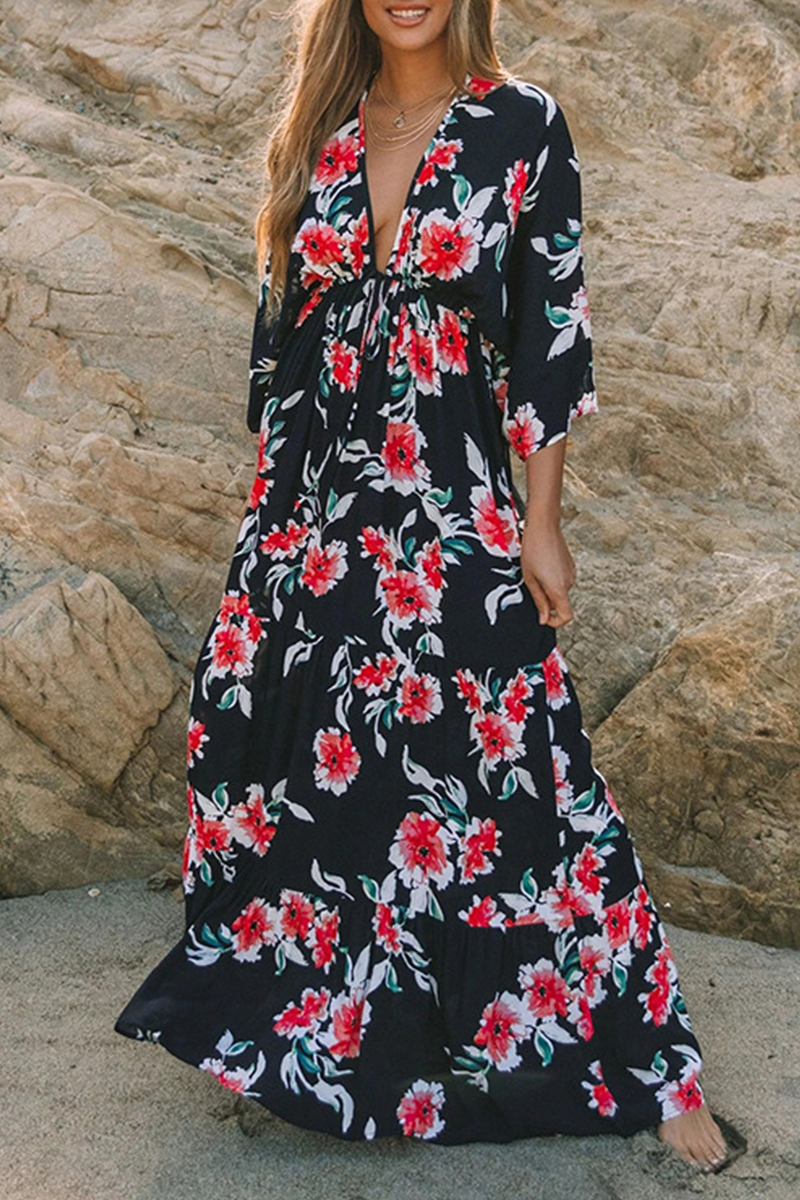 Fashion Elegant Floral Split Joint Frenulum V Neck A Line Dresses - Fashionpara