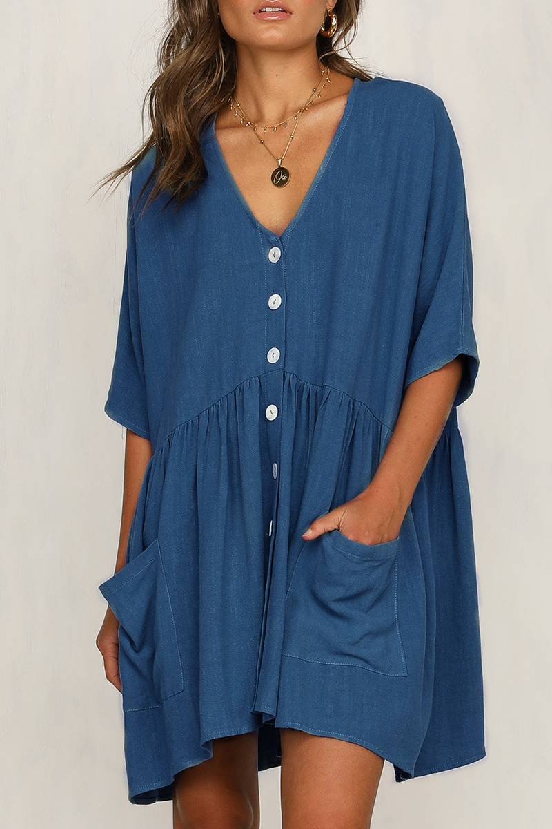 Casual Solid Pocket Buckle V Neck A Line Dresses(4 Colors) - Fashionpara