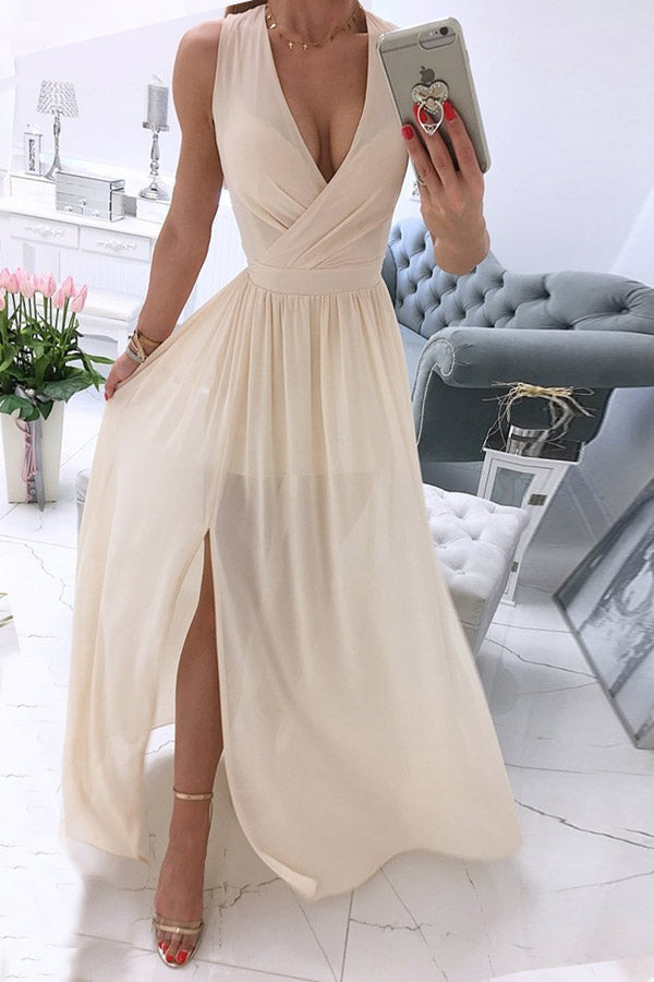 Fashion Street Solid Patchwork V Neck A Line Dresses(5 Colors) - Fashionpara