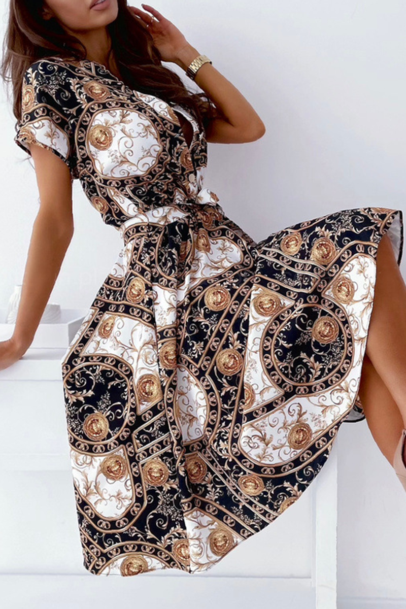Elegant Print Buckle With Belt V Neck A Line Dresses(5 colors) - Fashionpara
