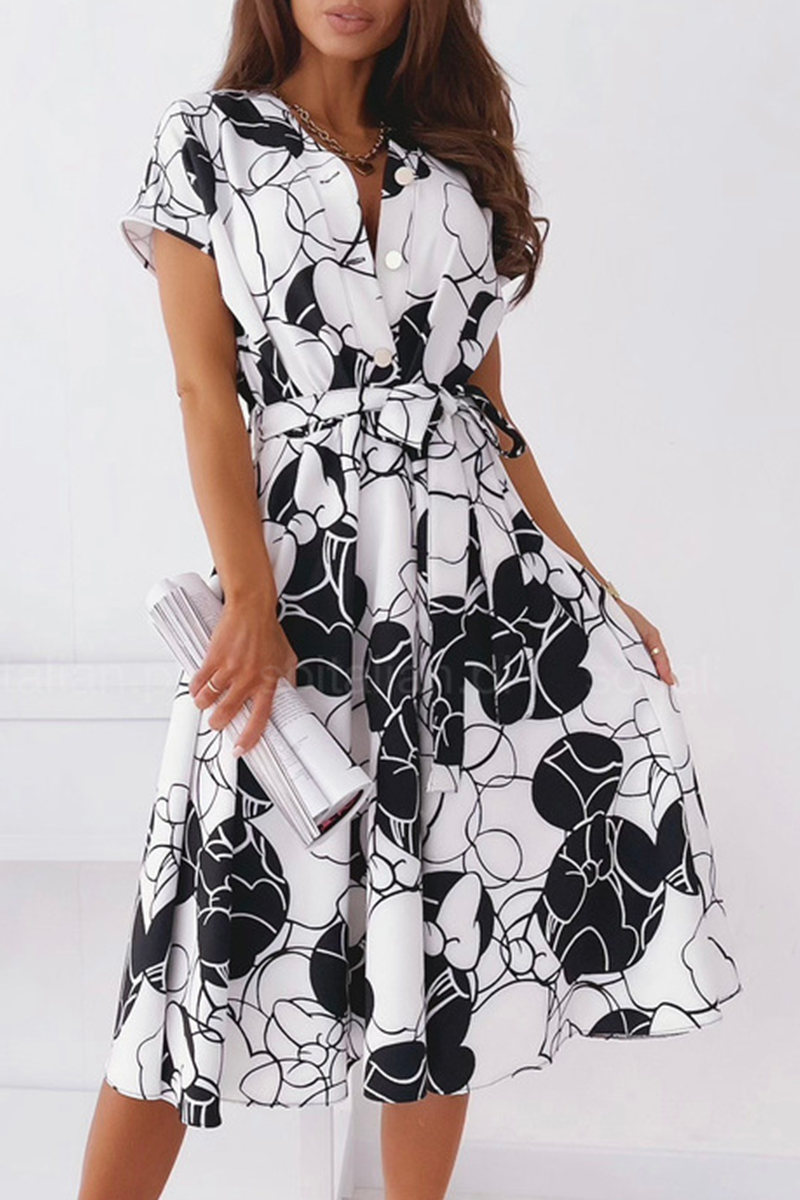 Elegant Print Buckle With Belt V Neck A Line Dresses(5 colors) - Fashionpara