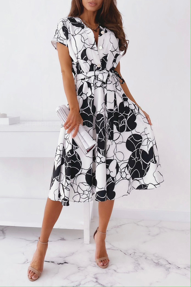 Elegant Print Buckle With Belt V Neck A Line Dresses(5 colors) - Fashionpara