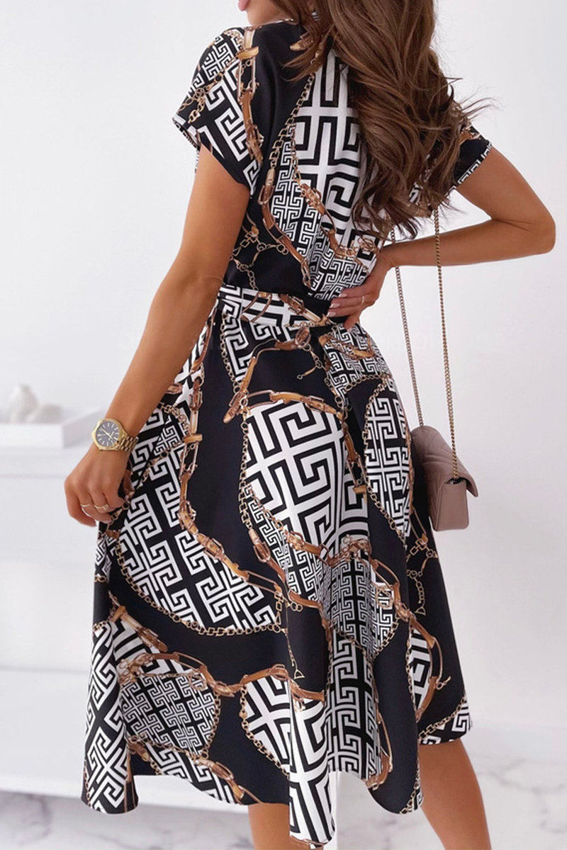 Elegant Print Buckle With Belt V Neck A Line Dresses(5 colors) - Fashionpara