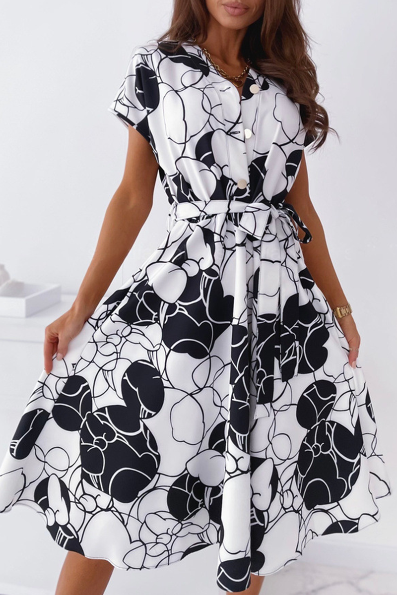 Elegant Print Buckle With Belt V Neck A Line Dresses(5 colors) - Fashionpara