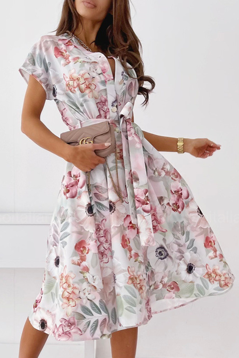 Elegant Print Buckle With Belt V Neck A Line Dresses(5 colors) - Fashionpara