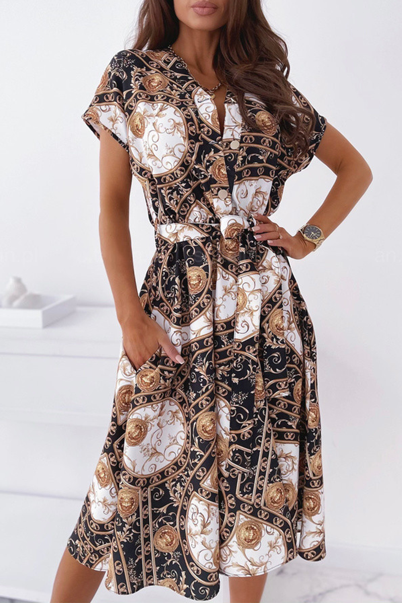 Elegant Print Buckle With Belt V Neck A Line Dresses(5 colors) - Fashionpara