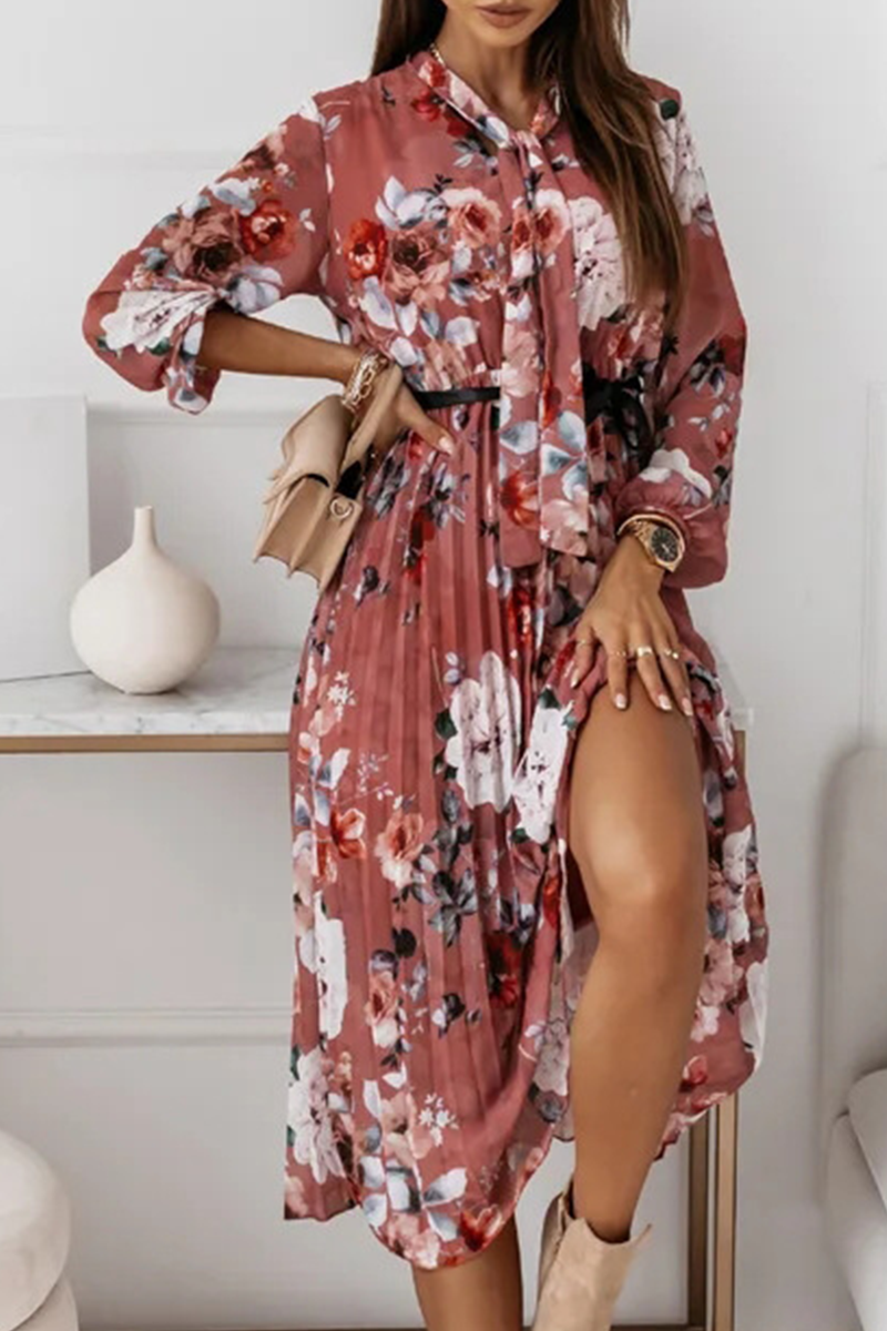 Elegant Floral Fold With Belt Ribbon Collar Pleated Dresses - Fashionpara