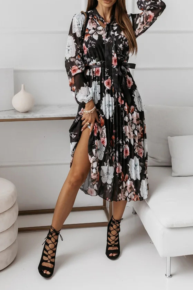 Elegant Floral Fold With Belt Ribbon Collar Pleated Dresses - Fashionpara