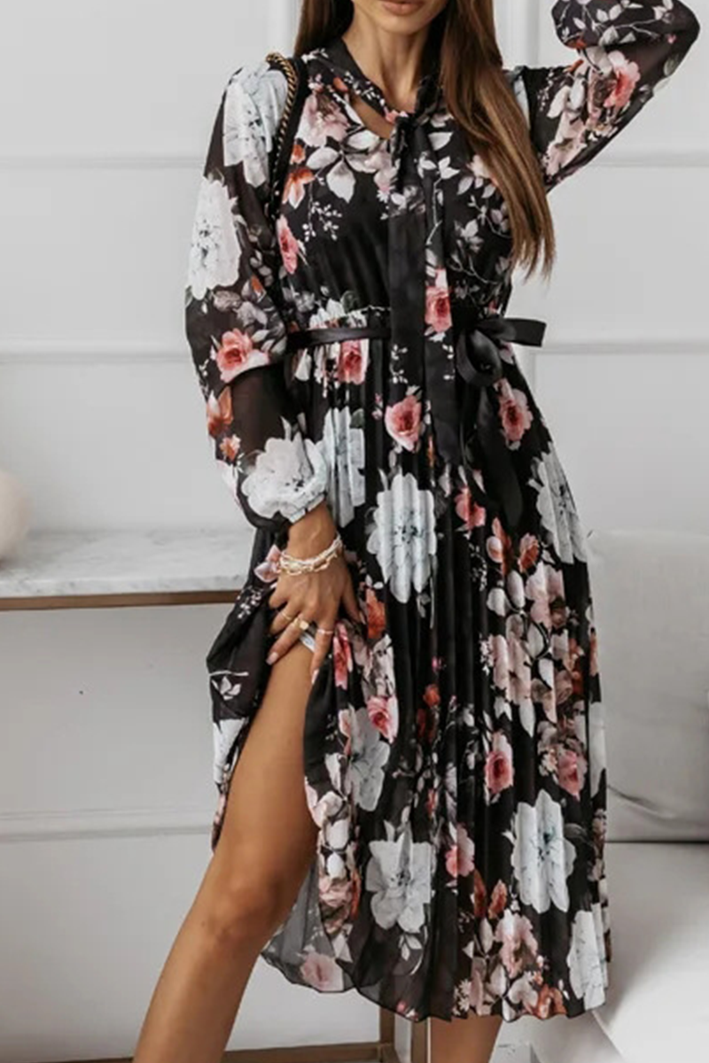 Elegant Floral Fold With Belt Ribbon Collar Pleated Dresses - Fashionpara