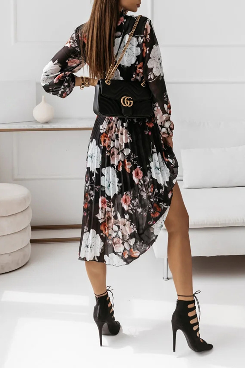 Elegant Floral Fold With Belt Ribbon Collar Pleated Dresses - Fashionpara