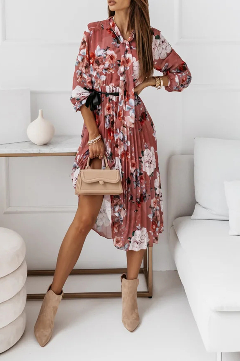 Elegant Floral Fold With Belt Ribbon Collar Pleated Dresses - Fashionpara