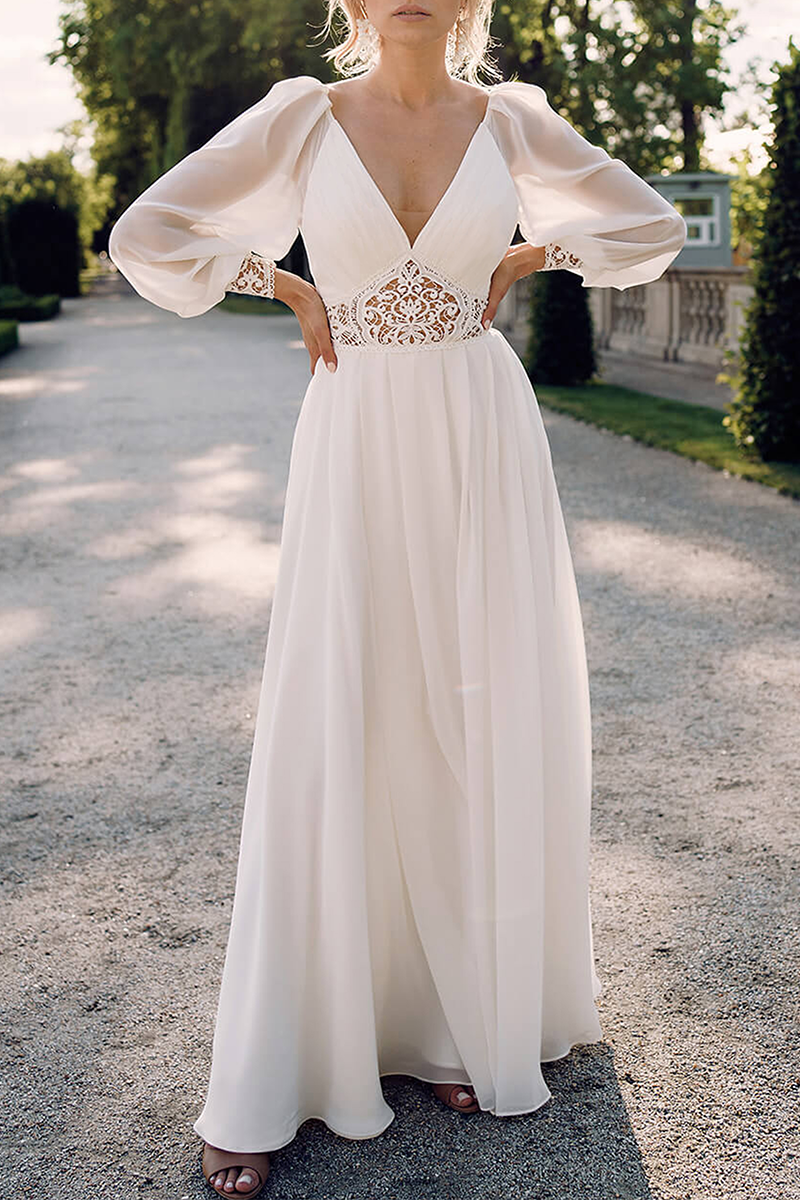 Elegant Solid Lace Hollowed Out Split Joint V Neck Evening Dress Dresses - Fashionpara