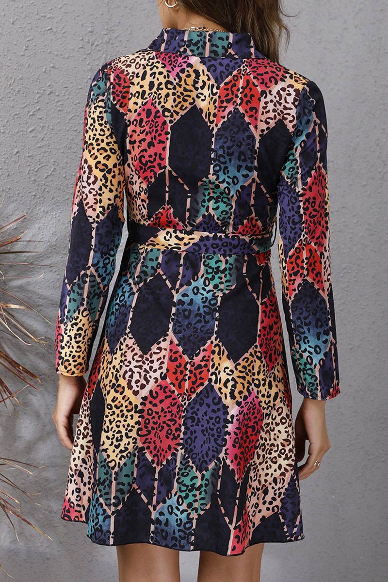 Elegant Geometric Print Buckle With Belt Turndown Collar A Line Dresses - Fashionpara