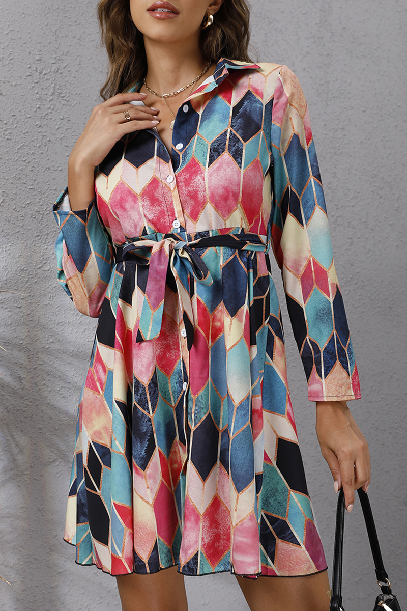 Elegant Geometric Print Buckle With Belt Turndown Collar A Line Dresses - Fashionpara