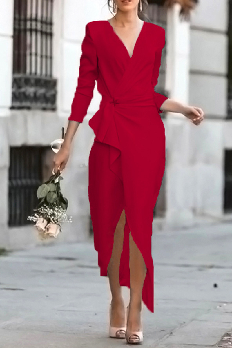 Fashion Elegant Solid Patchwork Asymmetrical V Neck Pencil Skirt Dresses(5 Colors) - Fashionpara