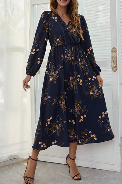 Elegant Floral Patchwork Fold V Neck A Line Dresses(3 Colors) - Fashionpara