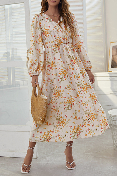 Elegant Floral Patchwork Fold V Neck A Line Dresses(3 Colors) - Fashionpara