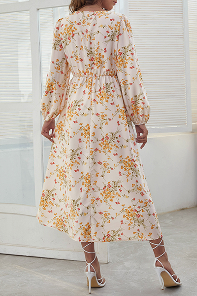 Elegant Floral Patchwork Fold V Neck A Line Dresses(3 Colors) - Fashionpara