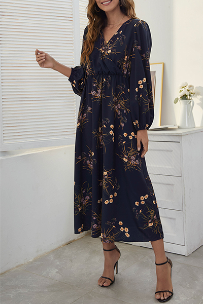 Elegant Floral Patchwork Fold V Neck A Line Dresses(3 Colors) - Fashionpara