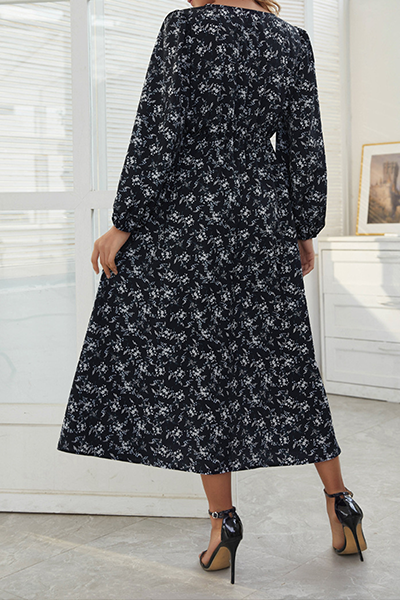 Elegant Floral Patchwork Fold V Neck A Line Dresses(3 Colors) - Fashionpara