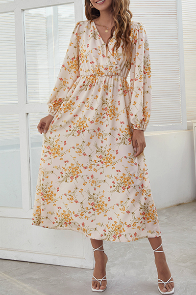 Elegant Floral Patchwork Fold V Neck A Line Dresses(3 Colors) - Fashionpara