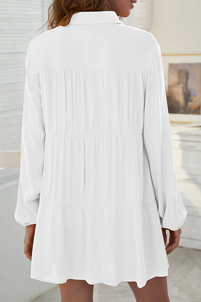 Casual Solid Buckle Fold Turndown Collar Shirt Dress Dresses - Fashionpara