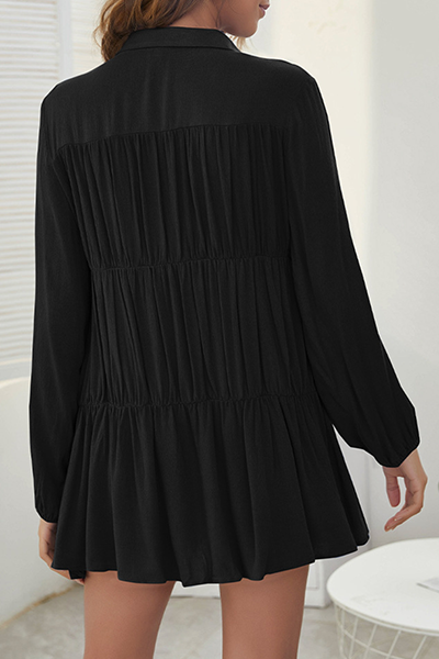 Casual Solid Buckle Fold Turndown Collar Shirt Dress Dresses - Fashionpara