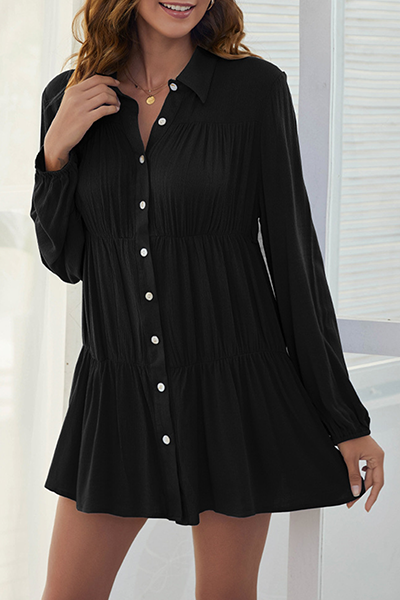 Casual Solid Buckle Fold Turndown Collar Shirt Dress Dresses - Fashionpara