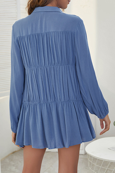 Casual Solid Buckle Fold Turndown Collar Shirt Dress Dresses - Fashionpara