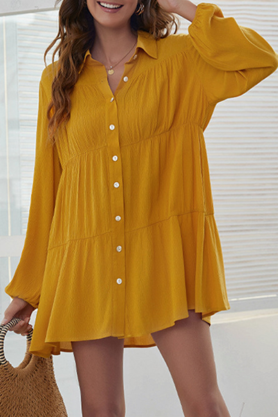 Casual Solid Buckle Fold Turndown Collar Shirt Dress Dresses - Fashionpara
