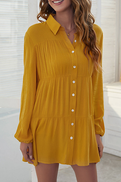 Casual Solid Buckle Fold Turndown Collar Shirt Dress Dresses - Fashionpara