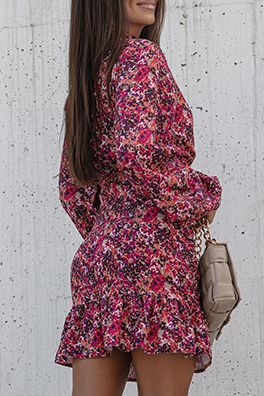 Elegant Floral Draw String Flounce Fold Mandarin Collar Pencil Skirt Dresses - Fashionpara