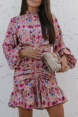 Elegant Floral Draw String Flounce Fold Mandarin Collar Pencil Skirt Dresses - Fashionpara