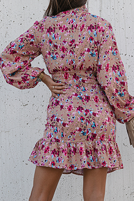 Elegant Floral Draw String Flounce Fold Mandarin Collar Pencil Skirt Dresses - Fashionpara