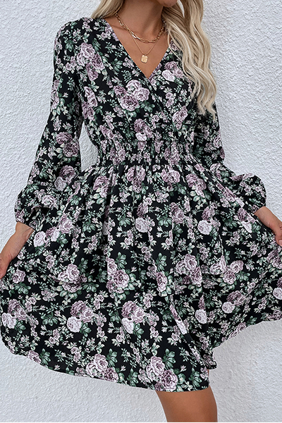 Casual Elegant Floral Split Joint Fold V Neck Dresses - Fashionpara