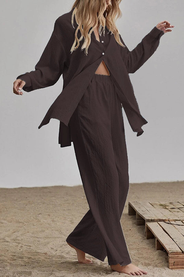 Button Blouse Wide Leg Pants Set - Fashionpara