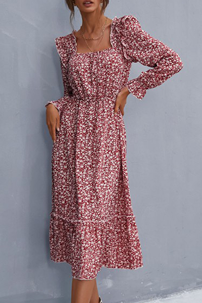 Elegant Floral Split Joint Flounce Square Collar A Line Dresses - Fashionpara