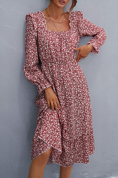 Elegant Floral Split Joint Flounce Square Collar A Line Dresses - Fashionpara