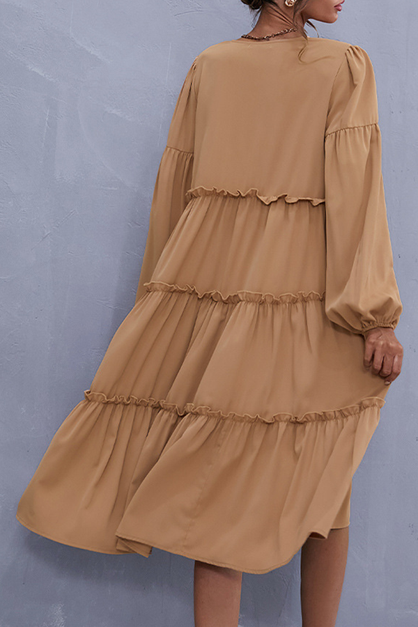 Elegant Solid Split Joint Flounce V Neck Cake Skirt Dresses (Without Belt) - Fashionpara