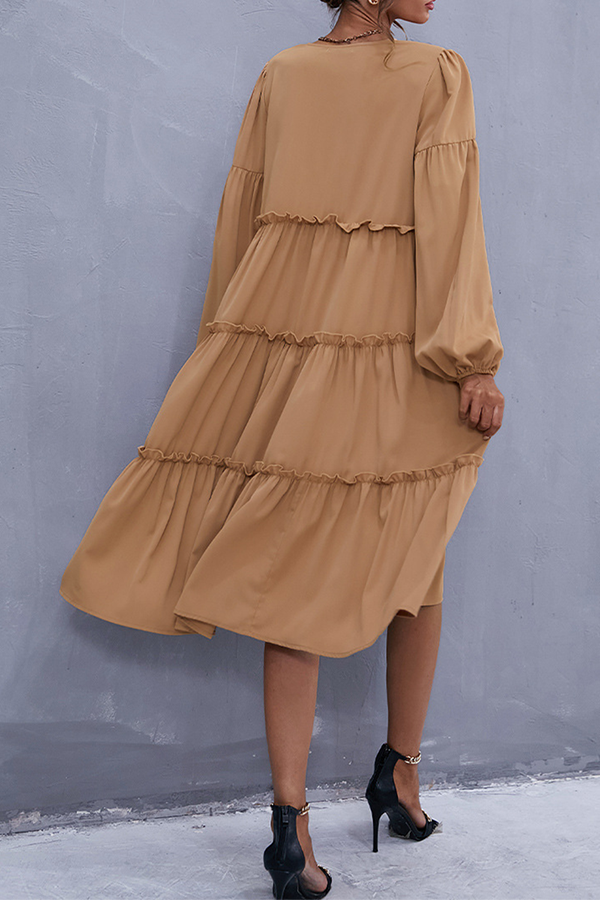 Elegant Solid Split Joint Flounce V Neck Cake Skirt Dresses (Without Belt) - Fashionpara