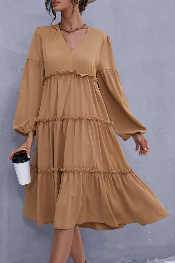 Elegant Solid Split Joint Flounce V Neck Cake Skirt Dresses (Without Belt) - Fashionpara